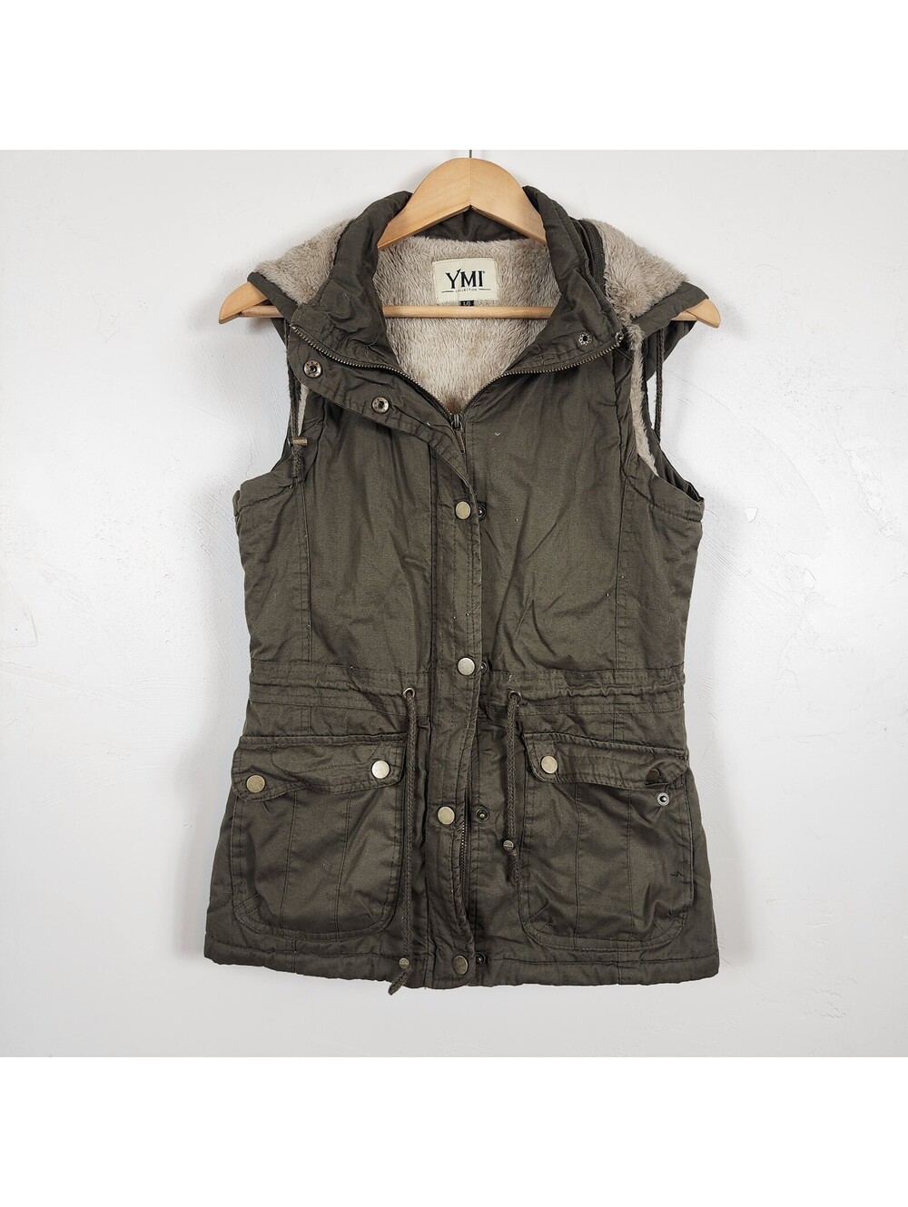 YMI Olive Green Hooded Utility Vest Faux Fur Lined Drawstring Cargo Large L